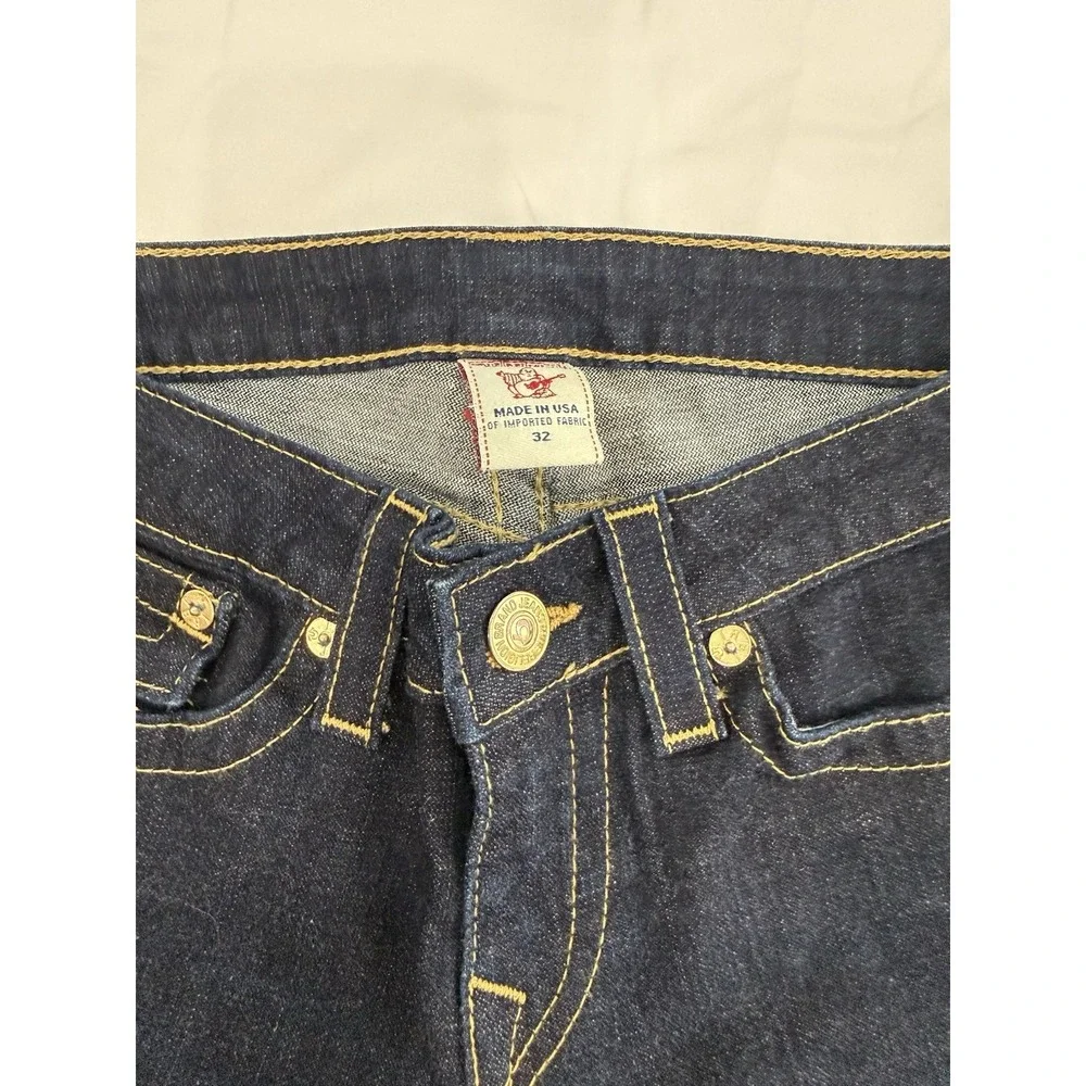 Women's True Religion High-Rise Bootcut Dark Wash Flap Pocket Thick Stitch Sz 32